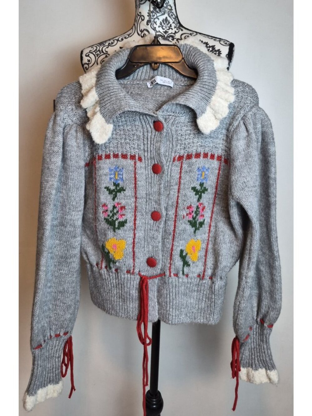 Zara Womens L Gray Floral Embroidered Cardigan Sherpa Trim Drawstring Sweater
